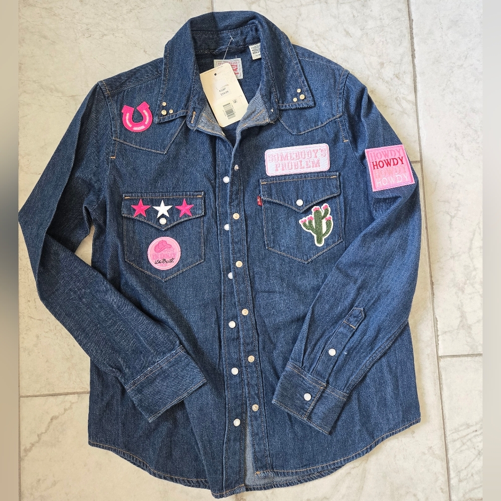 Custom Denim Western Pearl Snap Shirt with Pink Patches